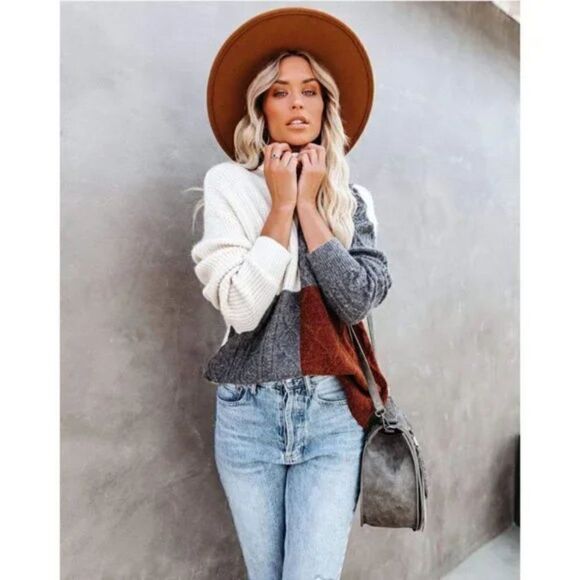 Red & Gray Colorblock Print Cable Knit Turtleneck Long Sleeve Pullover Sweater - Picture 4 of 10